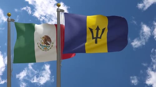 Realistic Flags of Mexico and Barbados Waving in Blue Sky