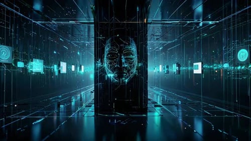 A Digital Corridor And A Face With Holographic Display And Neon Lights