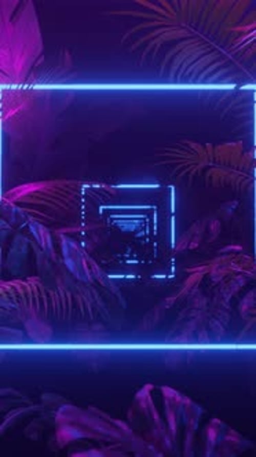 Vertical Video Flight Through Dark Jungle with Tropic Plants with Purple and Blue Neon Lights Loop