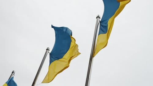 Ukrainian Flags Waving on Silver Poles Against Sky