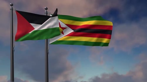 Palestine and Zimbabwe Flags Waving in Cloudy Sky