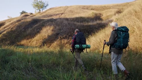 Couple hiking together on a grassy hill trail