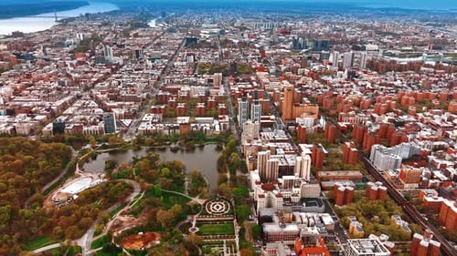 Beautiful panorama of New York from drone footage. Park in metropolis and numerous districts