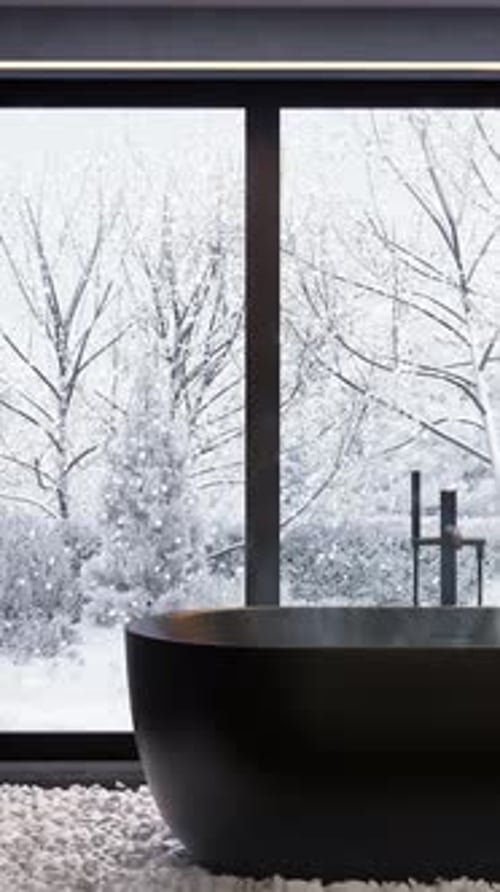 Elegant Winter Bathroom Scene with Falling Snow