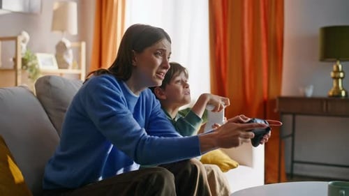 Emotional Parent Child Gaming Together Frustrated Online Loss Home Closeup