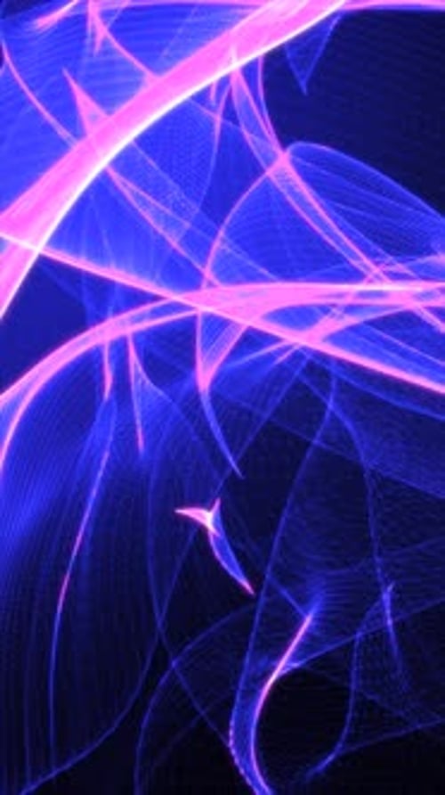 Strahlende violette und rosafarbene Lichtspuren bilden wirbelnde abstrakte Formen vor dunklem Hintergrund