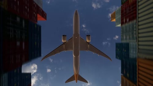 Modern 3D Airplane Flying Through Shipping Containers Animation