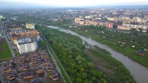 Aerial View of a River in IvanoFrankivsk City Ukraine Urban Landscape