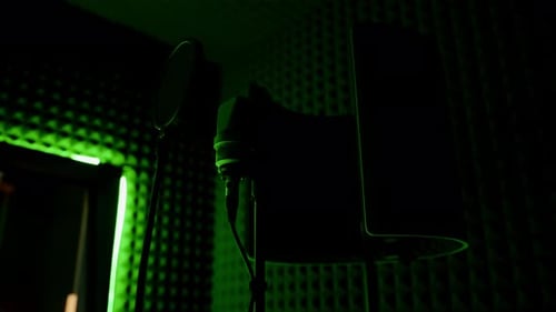 professional recording studio song recording equipment microphone close-up bottom view neon light