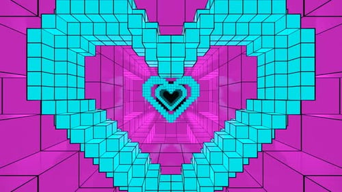 Cyan And Pink Pixel Heart Tunnel Background Vj Loop In HD