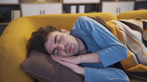 Young Man Sleeps Peacefully on Couch Indoors