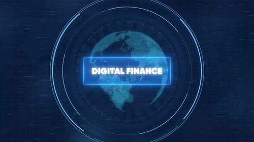 Digitales Finanzkonzept mit rotierender Erdkugel und futuristischer HUD-Datenschnittstelle, Bewegung