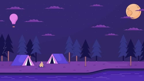 Campground nature at night line cartoon animation