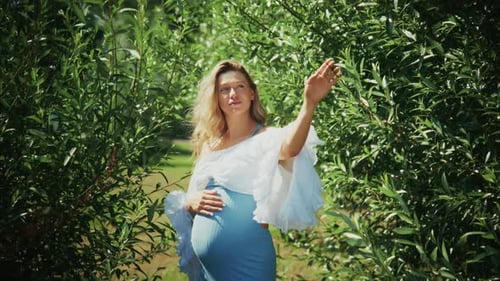 Pregnant Woman in Blue Dress Enjoying Nature on a Sunny Day in a Green Park