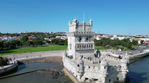 Belem Tower (Torre de Belém) in Portugal: Aerial View on a Clear Day in Lisbon.