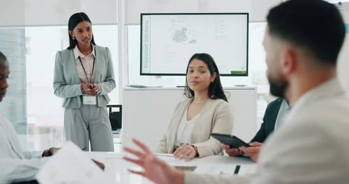 Clean energy, presentation and woman with environment data and information with discussion