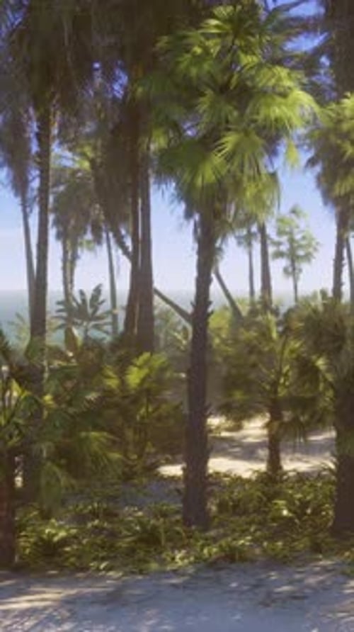 A Tropical Paradise Beach with Palm Trees and Crystal Clear Blue Ocean