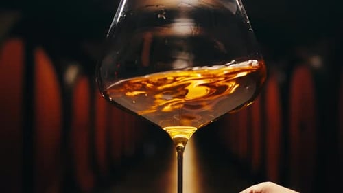 Orange or White Wine Bottle and Glass Against a Sunset in a Peaceful Vineyard Pouring of Ecological