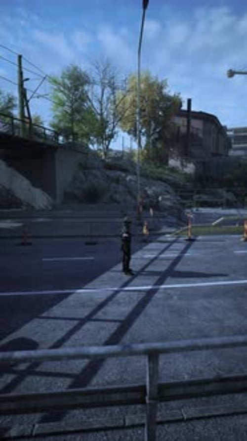 Road Worker Overseeing Construction in Urban Area with Clear Blue Sky