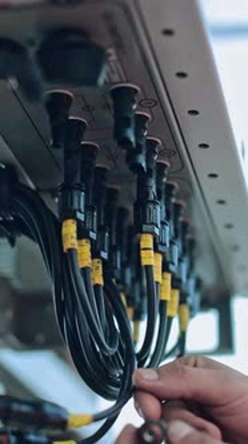 Person connecting electric cables to control panel