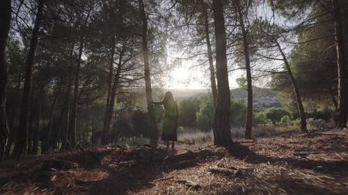 Lonely ghost witch haunting forest Spain closing in shot