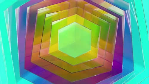 Glassy Hexagonal Shapes Generating Mesmerizing Tunnel Effect Rotating with Vibrant Iridescent Colors