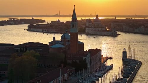 Aerial drone view of Venice City, Italy at sunset