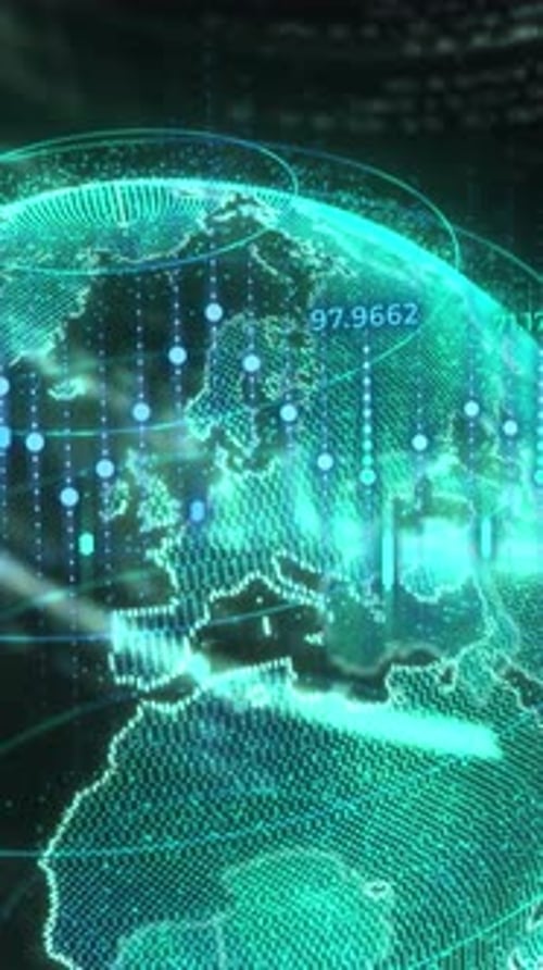 Global Digital Network Earth with Animated Data Connections and Bar Graphs