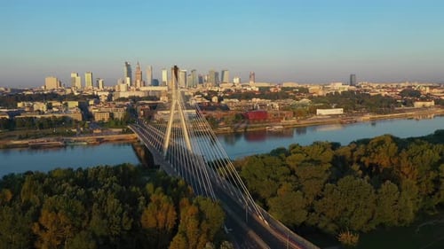 Warsaw, Poland, Establishing Aerial Shot during golden hour. Capital of Poland during early morning