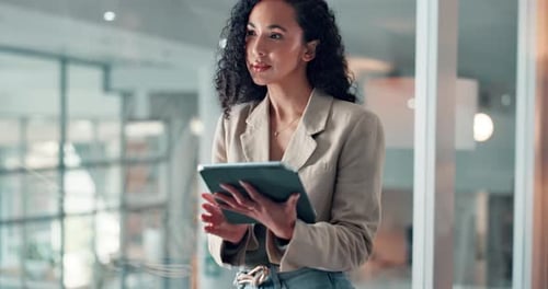 Planning, tablet and businesswoman in office by window with ideas, research or communication
