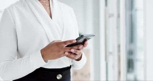 Phone, typing and business woman in office online for internet chat, social media and mobile app