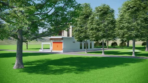 Modern house surrounded by trees on green grass.