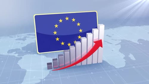 European Union Flag With Increasing Bar Chart Graph And Arrow Red