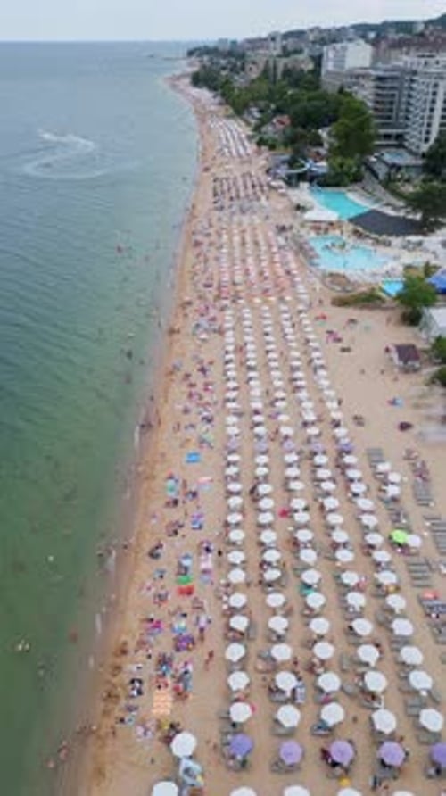 Aerial Shot of a Crowded Beach with Colorful Umbrellas and Swimmers in the Sea Capturing the Essence