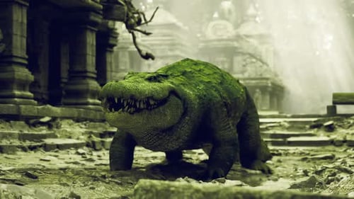 Un reptile mythique âgé émerge des profondeurs ombragées d'un temple pour briller