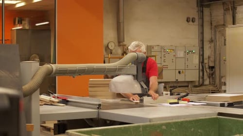 Man Working at Woodworking Machine in Factory