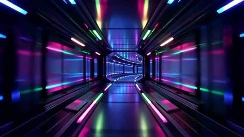 Fast Motion Through Futuristic Neon Sci Fi Tunnel