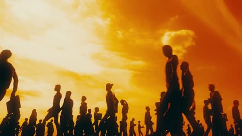 Silhouettes of Business People Walking Across Frame at Sunset