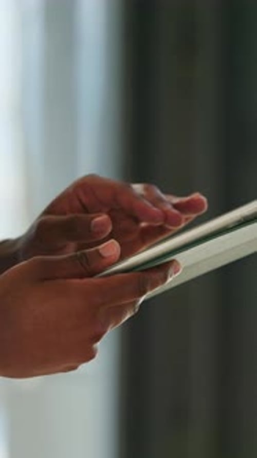 Hands, creative and person with tablet in office for research, editing article