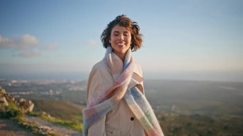 Stylish Woman Walking Hill in Elegant Coat at Weekend Evening Happy Traveler