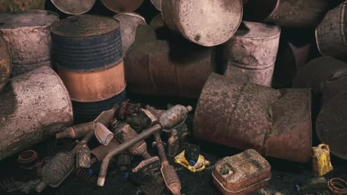 Discarded Barrels and Waste Materials Crowding an Industrial Site