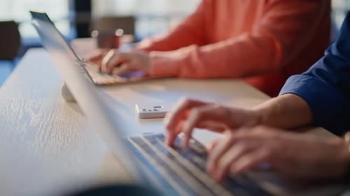 Students Hands Typing Laptops at University Workspace Closeup Smiling Woman Man