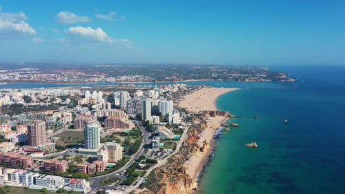 Tourist Portuguese City of Portimao Aerial View on a Sunny Day South Portugal Algarve View of River