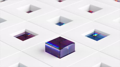 Glasfarbene Würfel fliegen aus weißen Zellen auf dem Boden heraus, blau-violette Farbe, 3D-Animation einer Nahtstelle
