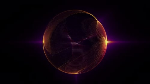 Animation en boucle d'une sphère dorée abstraite faite de particules brillantes sur fond violet foncé