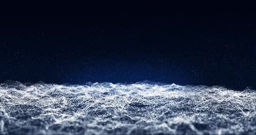 Une onde lumineuse abstraite provenant de particules et de points se déplace sur un fond bleu, visualisation de données volumineuses