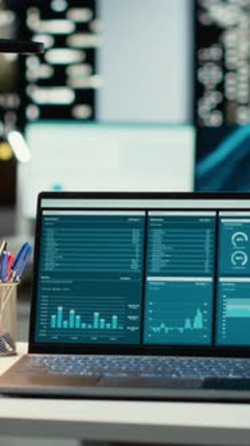 Vertical Video Professional Empty Office Features Computers and Forecasting Equipment