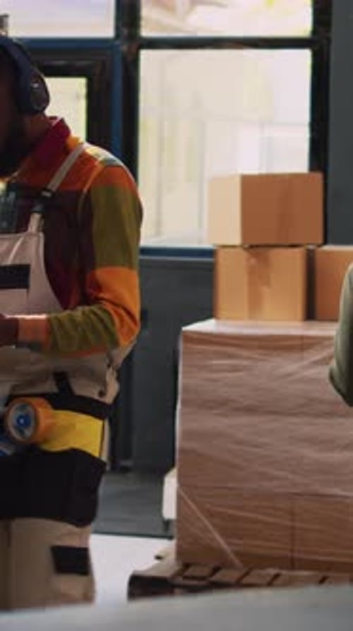 Vertical Video Storehouse Manager Checking Cargo List