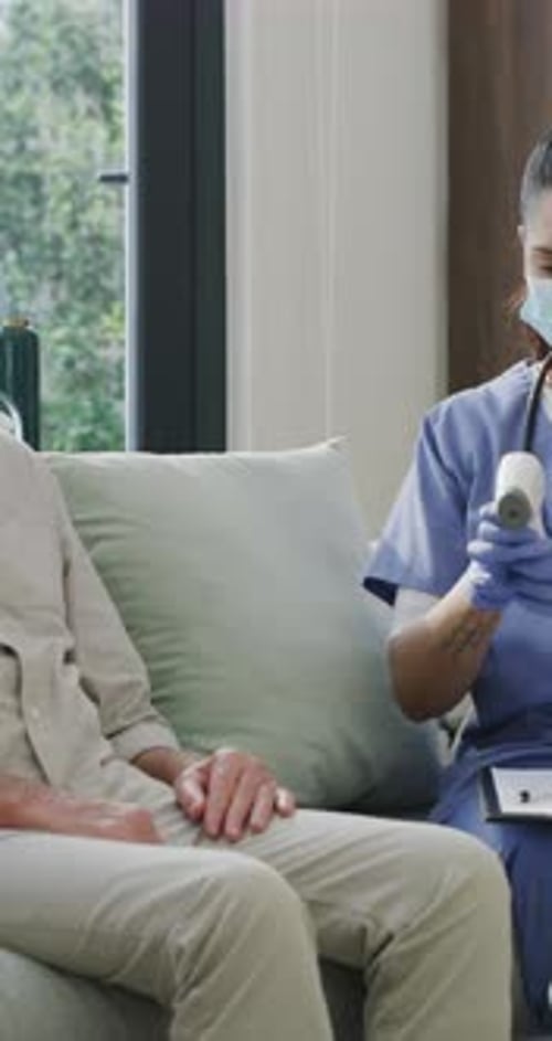 Clipboard, mask and thermometer with nurse and elderly man in home with notes and checkup