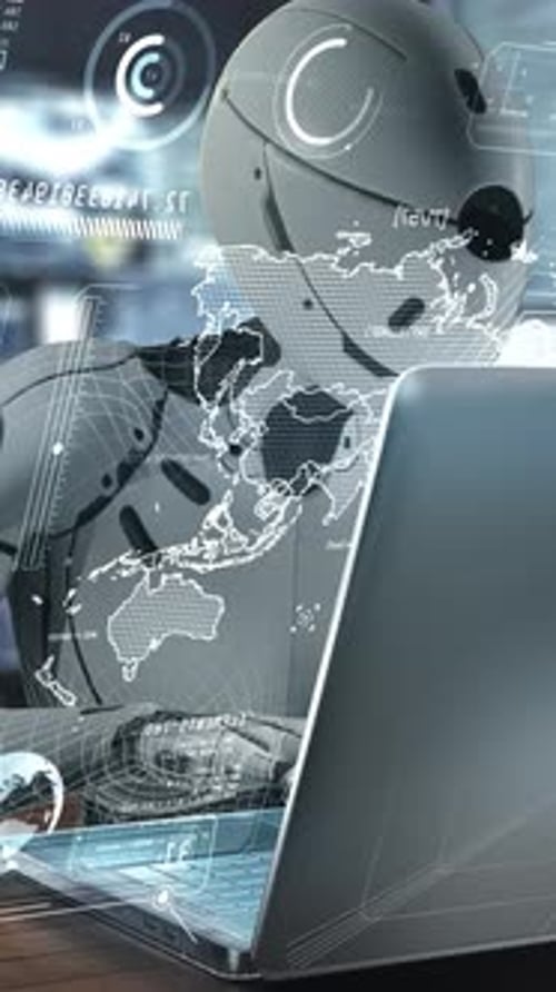 Robot Using Laptop with Hologram Showing Global Connection and Data Analysis